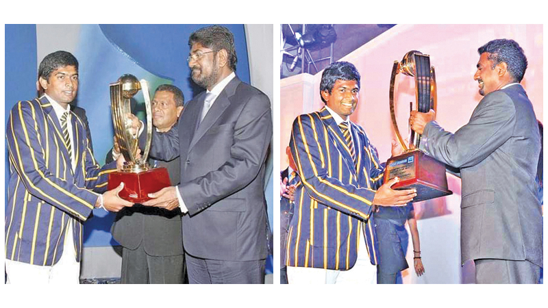 Observer SLT Mobitel Schoolboy Cricketer in 2010 Bhanuka Rajapakse receives the title from Minister Keheliya Rambukwella and Observer SLT Mobitel Schoolboy Cricketer in 2011 Bhanuka Rajapakse receives the glittering trophy from chief guest Muttiah Muralidaran in 1991