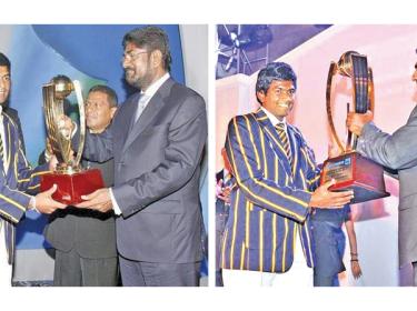 Observer SLT Mobitel Schoolboy Cricketer in 2010 Bhanuka Rajapakse receives the title from Minister Keheliya Rambukwella and Observer SLT Mobitel Schoolboy Cricketer in 2011 Bhanuka Rajapakse receives the glittering trophy from chief guest Muttiah Muralidaran in 1991